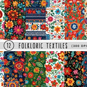 Mexican Embroidery Flowers Digital Paper | 12 Designs | Mexican Folk Art | Floral Embroidery Patterns | SEAMLESS Fiesta Floral Backgrounds