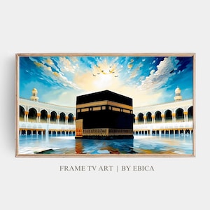 Pode incluir: Uma pintura da Caaba em Meca, Arábia Saudita. A Caaba é um edifício em forma de cubo que é o local mais sagrado do Islã. A pintura retrata a Caaba cercada por um edifício branco com arcos e um céu azul com nuvens brancas. Há pássaros voando no céu.