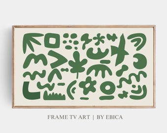 Arte para TV con marco Samsung / Recortes botánicos abstractos en verde caqui suave / Decoración de pared moderna inspirada en Matisse / Formas orgánicas minimalistas, arte 4K