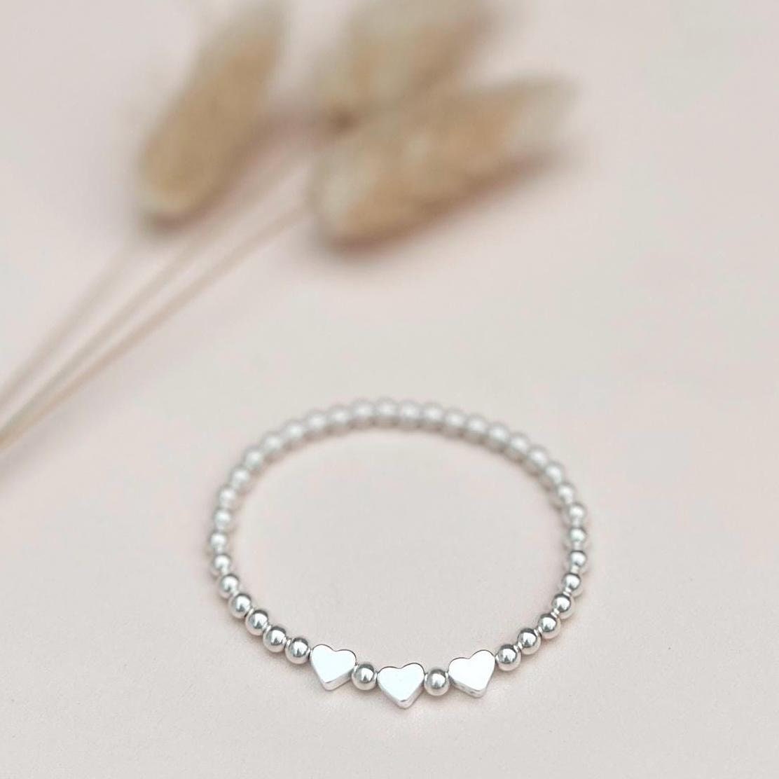 925 Sterling Silver Heart Bead Bracelet / Silver Stacking Bracelet / Adjustable / Stretch Bracelet / Stackable Bracelet / Dainty
