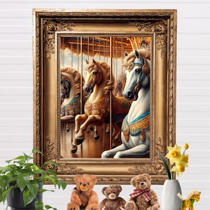 Whimsical Carousel Horses Wall Art Print Nursery Kids Room Decor