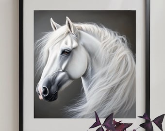 Beautiful White Horse Portrait Painting Horse Lovers Gift Home Decor