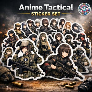 Può includere: Un set di adesivi con illustrazioni in stile anime di soldatesse in equipaggiamento tattico, con fucili. Gli adesivi hanno un bordo bianco e il testo "Anime Tactical STICKER SET" in alto. Su una superficie di legno.