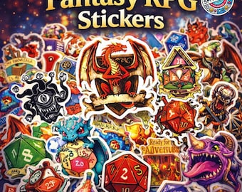 Fantasy RPG Sticker Set – Dungeons & Dragons Style Stickers, Dragon Dice Sticker Pack, D20 Vinyl Stickers for Laptop, Tablet, DnD Gift