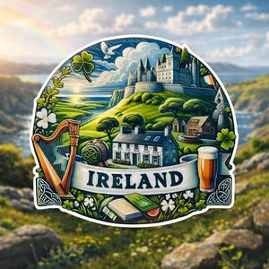 Puede incluir: Una pegatina que presenta una ilustración de Irlanda. El diseño incluye un castillo, un arpa, una pinta de cerveza y la palabra "Irlanda" en una pancarta. El fondo muestra colinas verdes y agua.