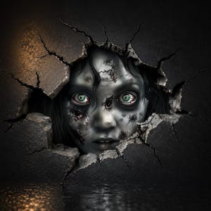 Puede incluir: Una ilustración digital de un rostro pálido de tonos grises con cabello oscuro y ojos verdes penetrantes que emerge de un agujero irregular y roto en una pared oscura y texturizada. El rostro presenta marcas oscuras, arañazos y un aspecto desgastado.