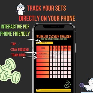 May include: A digital workout session tracker displayed on a smartphone. The app interface features a grid for tracking sets, with the text "Track Your Sets Directly On Your Phone." Additional text includes "Interactive PDF" and "Phone Friendly."