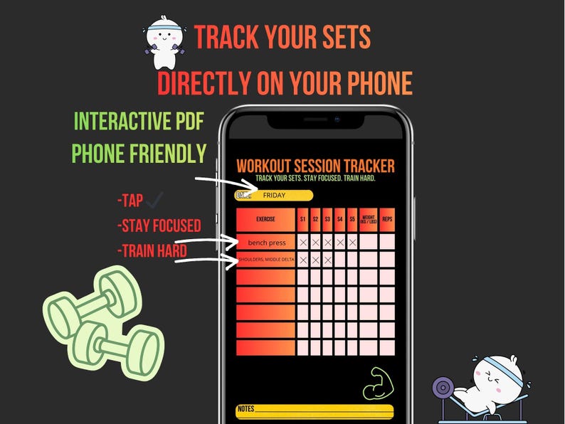 May include: A digital workout session tracker displayed on a smartphone. The app interface features a grid for tracking sets, with the text "Track Your Sets Directly On Your Phone." Additional text includes "Interactive PDF" and "Phone Friendly."