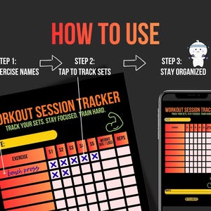 May include: Image showing a workout session tracker with instructions. The text reads "HOW TO USE" with steps to enter exercise names, track sets, and stay organized. A phone displays the tracker app.