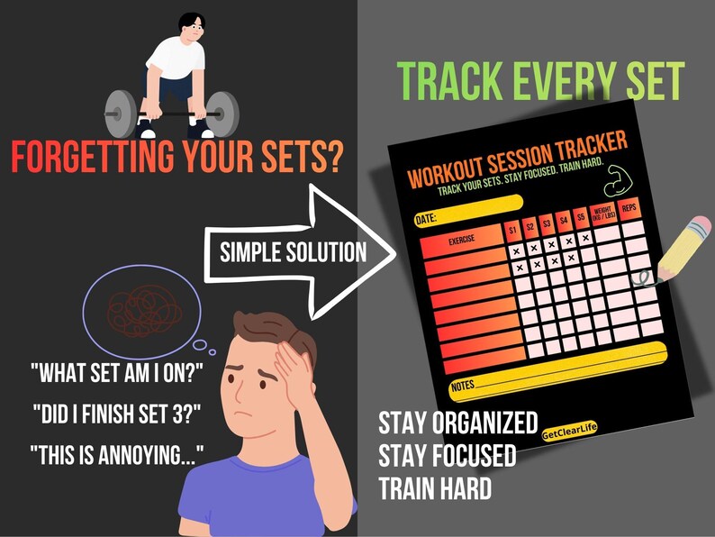 May include: An illustrated guide to workout tracking. The image shows a weightlifter and a workout session tracker. The tracker has sections for exercises, sets, and reps. Text includes "Track Every Set", "Stay Organized, Stay Focused, Train Hard".