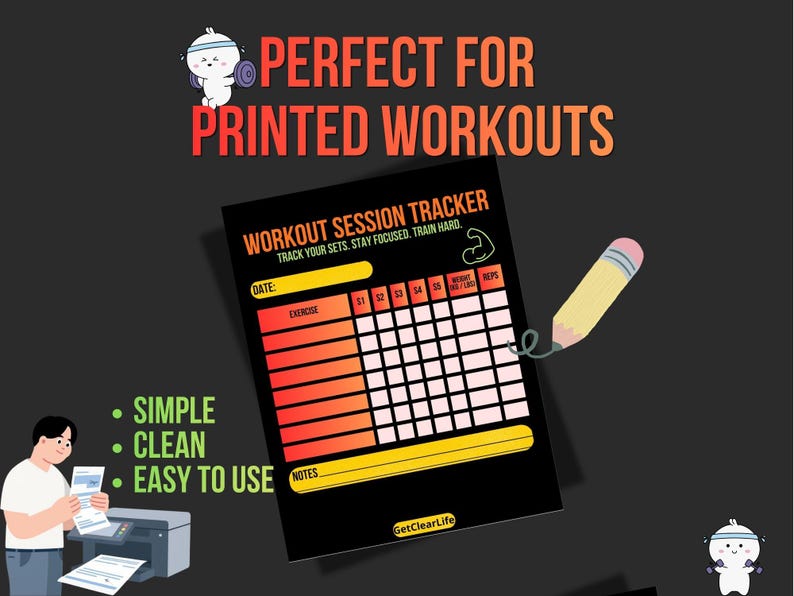 May include: Black workout session tracker with orange and yellow accents. Text reads "Perfect for Printed Workouts" and "Workout Session Tracker". Includes a pencil graphic and a cartoon character.