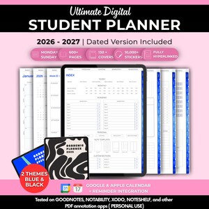 Puede incluir: Planificador digital para estudiantes 2026-2027 con versión fechada. Incluye más de 600 páginas, más de 130 cubiertas y más de 10.000 pegatinas. Dos temas: azul y negro. Compatible con Google y Apple Calendar. Totalmente hipervinculado.