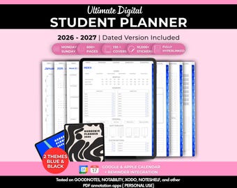 Studentenplanner 2026-2027 voor iPad en Android, digitale studieplanner, studentenweekplanner, sjablonen voor GoodNotes en Notability