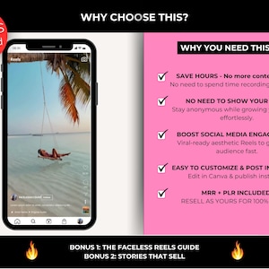 May include: A smartphone displays a social media reel featuring a person on a swing over clear water. Text on the screen reads "Reels." The image is part of a promotional graphic with text highlighting benefits like saving time and boosting engagement.