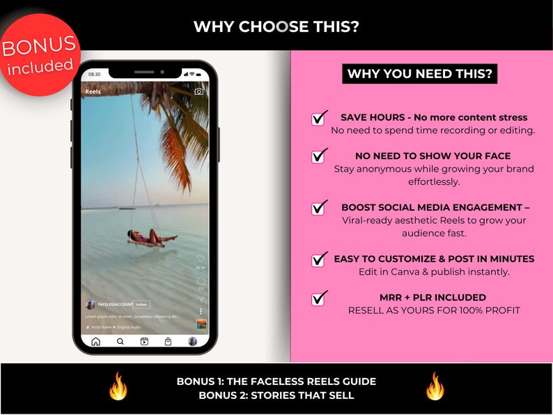 May include: A smartphone displays a social media reel featuring a person on a swing over clear water. Text on the screen reads "Reels." The image is part of a promotional graphic with text highlighting benefits like saving time and boosting engagement.