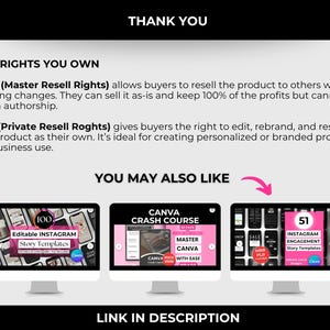 May include: A digital marketing graphic with the text "THANK YOU" at the top. The text describes MRR and PLR rights. Below are three computer monitors displaying digital products, with the text "YOU MAY ALSO LIKE" and "LINK IN DESCRIPTION".