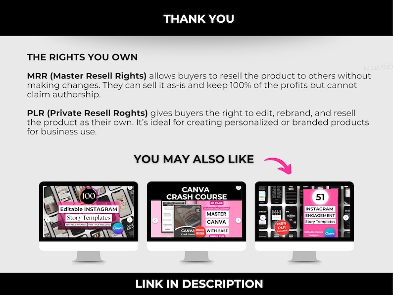 May include: A digital marketing graphic with the text "THANK YOU" at the top. The text describes MRR and PLR rights. Below are three computer monitors displaying digital products, with the text "YOU MAY ALSO LIKE" and "LINK IN DESCRIPTION".