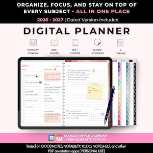 May include: Digital planner for 2026-2027 with 600+ pages, 130+ covers, 10,000+ stickers, and 4 themes. Features Google & Apple Calendar integration. Compatible with GoodNotes, Notability, Xodo, Noteshelf, and other PDF annotation apps.