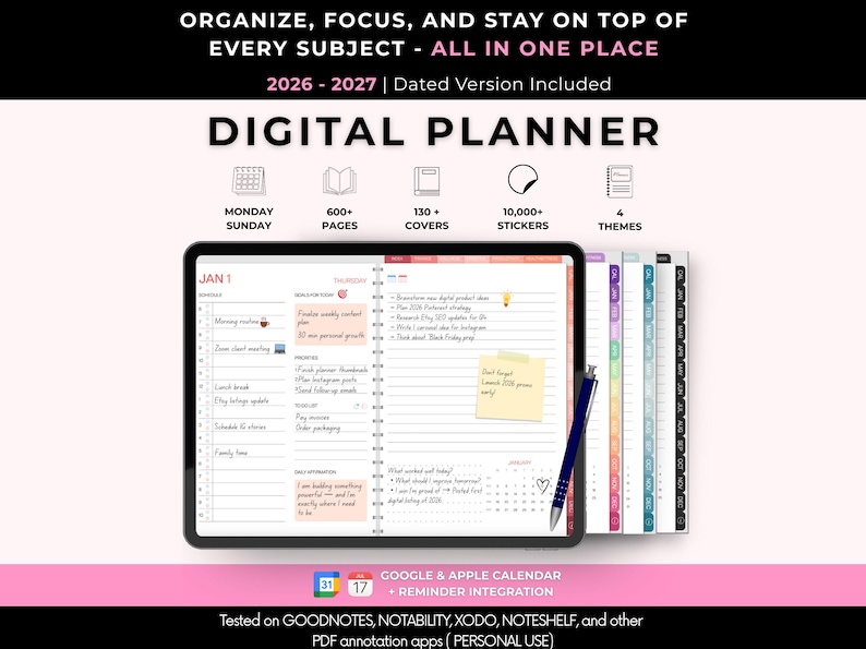 Op de afbeelding: Digitale planner voor 2026-2027 met 600+ pagina's, 130+ covers, 10.000+ stickers en 4 thema's. Met Google & Apple Calendar integratie. Compatibel met GoodNotes, Notability, Xodo, Noteshelf en andere PDF-annotatie-apps.