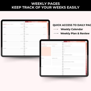 Op de afbeelding: Twee digitale tablets met wekelijkse plannerpagina's. De bovenste tablet toont een gedetailleerde weekweergave, terwijl de onderste tablet een dagelijks plan markeert. Bovenin staat de tekst "WEEKPAGINA'S HOUD JE WEKEN GEMAKKELIJK BIJ".