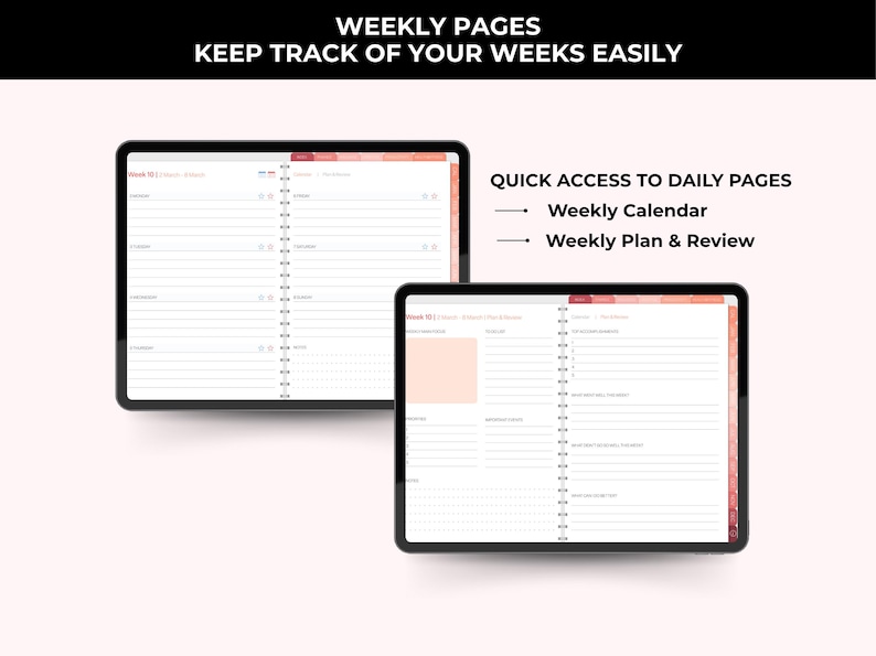 Op de afbeelding: Twee digitale tablets met wekelijkse plannerpagina's. De bovenste tablet toont een gedetailleerde weekweergave, terwijl de onderste tablet een dagelijks plan markeert. Bovenin staat de tekst "WEEKPAGINA'S HOUD JE WEKEN GEMAKKELIJK BIJ".