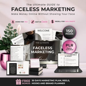 Faceless Marketing Guide with Private Resell Rights, 150 Page Passive Income Workbook + 30 Faceless Reels, Faceless Canva Template with PLR