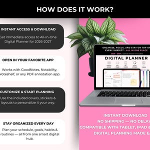 Op de afbeelding: Een laptop toont een digitale planner met de tekst "Digital Planner" en "2026-2027". De afbeelding toont stappen voor directe toegang, app-compatibiliteit, aanpassing en dagelijkse organisatie. Een plant staat op de achtergrond.