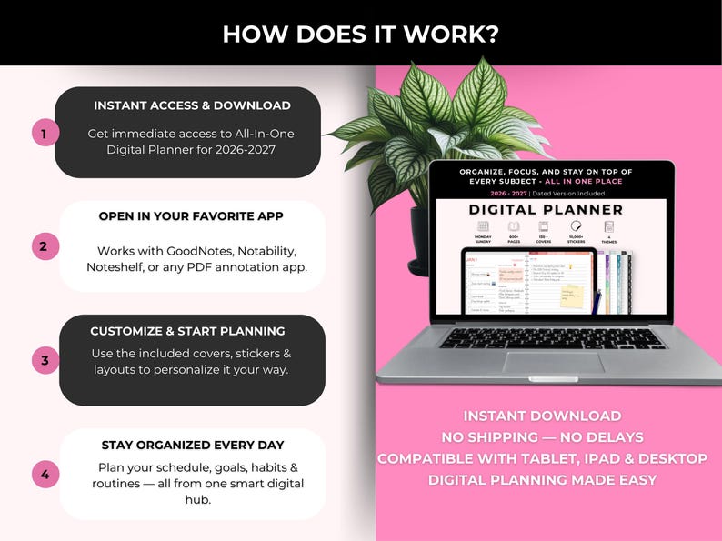 Op de afbeelding: Een laptop toont een digitale planner met de tekst "Digital Planner" en "2026-2027". De afbeelding toont stappen voor directe toegang, app-compatibiliteit, aanpassing en dagelijkse organisatie. Een plant staat op de achtergrond.
