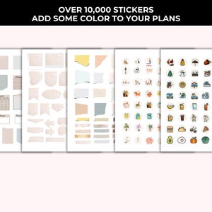 Op de afbeelding: Een verzameling sticker vellen met diverse ontwerpen. De vellen bevatten kalendersjablonen, decoratieve vormen en kleine ge&iuml;llustreerde pictogrammen. De tekst bovenaan luidt "OVER 10,000 STICKERS ADD SOME COLOR TO YOUR PLANS."