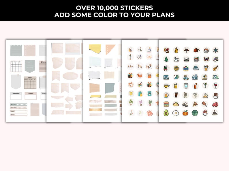 Op de afbeelding: Een verzameling sticker vellen met diverse ontwerpen. De vellen bevatten kalendersjablonen, decoratieve vormen en kleine ge&iuml;llustreerde pictogrammen. De tekst bovenaan luidt "OVER 10,000 STICKERS ADD SOME COLOR TO YOUR PLANS."