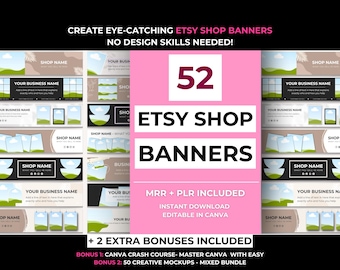 52 Etsy Shop Banner Templates, Canva Editable Mockups with Master Resell Rights, Done-For-You Templates, Customizable Banner Mockup Bundle