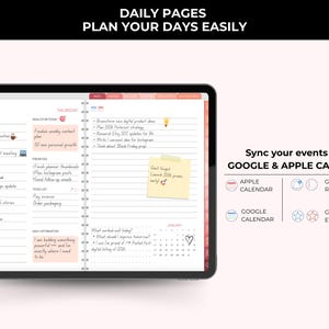 Op de afbeelding: Een digitale planner op een tablet, met dagelijkse pagina's voor planning en notities. De tekst luidt "DAILY PAGES PLAN YOUR DAYS EASILY". Het biedt synchronisatie met Google en Apple agenda's.