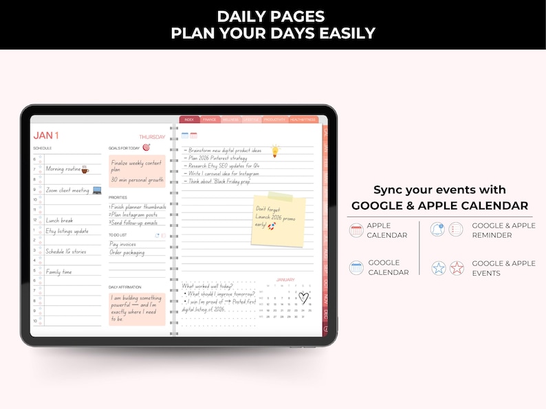 Op de afbeelding: Een digitale planner op een tablet, met dagelijkse pagina's voor planning en notities. De tekst luidt "DAILY PAGES PLAN YOUR DAYS EASILY". Het biedt synchronisatie met Google en Apple agenda's.