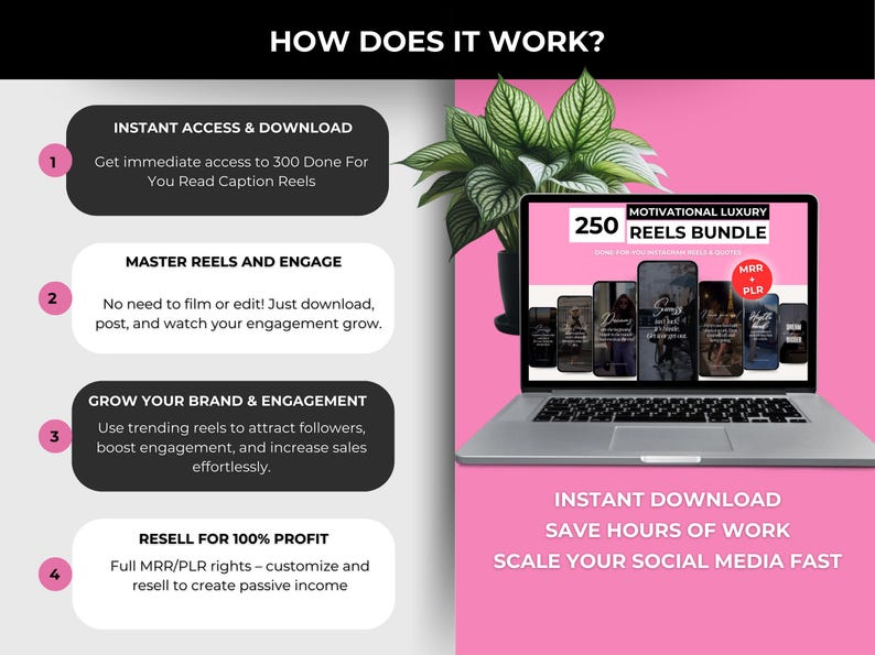 May include: A laptop screen shows a "Motivational Luxury Reels Bundle" graphic with the text "250 Reels Bundle." The image includes a plant and text boxes explaining how the product works, including instant access, engagement, and profit.