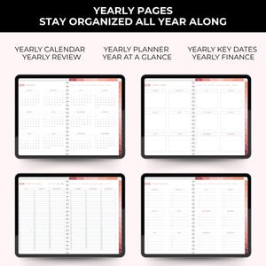 Op de afbeelding: Vier digitale tablets met jaarlijkse plannerpagina's. De bovenste tekst luidt "YEARLY PAGES STAY ORGANIZED ALL YEAR ALONG". De tablets tonen een jaarkalender, planner en belangrijke data. De achtergrond is lichtroze.