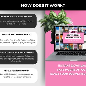 May include: Laptop displaying a travel reels and photo bundle, with the text "1500+ Travel Reels & Photo Bundle." The image also includes text that says "Instant Access & Download" and "Resell for 100% Profit."