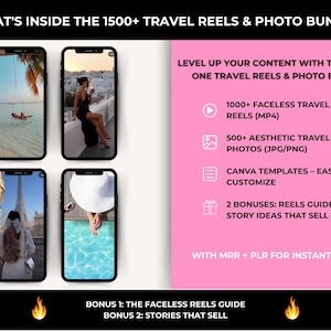 May include: Image promoting a travel content bundle. It features four phone screens displaying travel photos and videos. Text includes "1000+ Faceless Travel Reels," "500+ Aesthetic Travel Photos," and "Canva Templates." The bundle also includes bonuses.