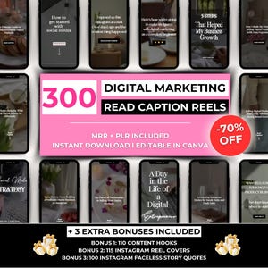 300 bobines Instagram sans visage avec légende de lecture, bobines Instagram DFY, bobines DPP et MRR, vidéos de marketing numérique, modèles de bobines modifiables