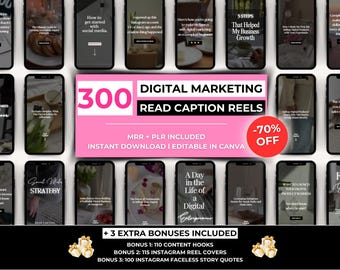 300 Faceless Instagram Reels with Read Caption, DFY Instagram Reels, PLR & MRR Reels, Digital Marketing Hook Videos, Editable Reel Templates
