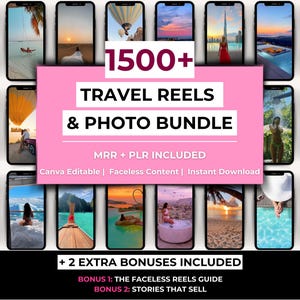 Pacote com mais de 1500 rolos de viagem e fotos, rolos MP4 editáveis do Canva + imagens de estoque, conteúdo sem rosto MRR e PLR, modelos de rolos do Instagram