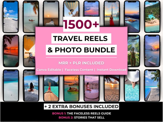 1500+ Travel Reels and Photos Bundle, Canva Editable MP4 Reels + Stock Images, MRR & PLR Faceless Content, Instagram Reels Templates
