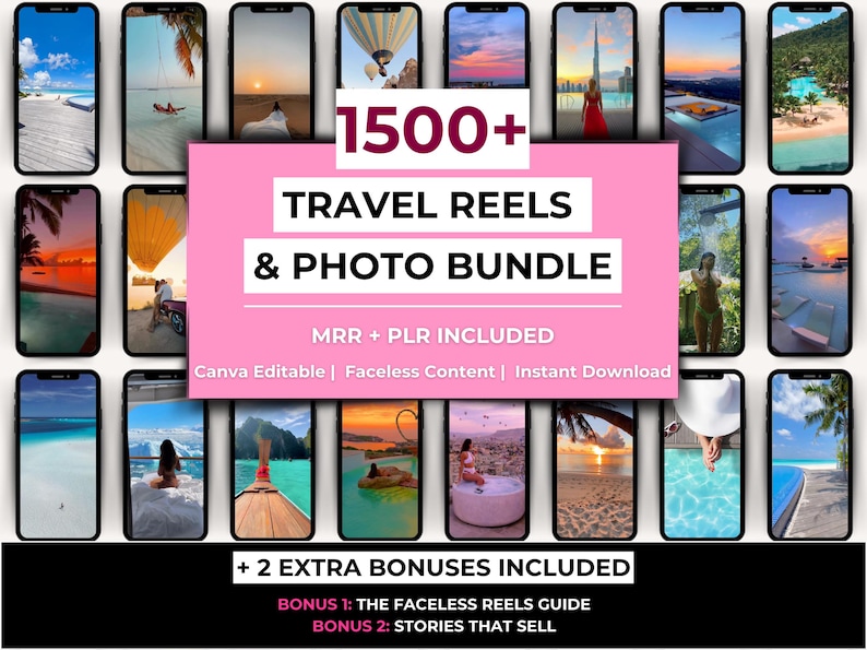 May include: A digital product bundle featuring travel-themed reels and photos displayed on smartphone screens. The pink banner reads "1500+ TRAVEL REELS & PHOTO BUNDLE" with additional text indicating Canva editing, faceless content, and instant download. Includes two bonus guides.