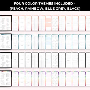 Op de afbeelding: Digitale planner met vier kleurenthema's: perzik, regenboog, blauwgrijs en zwart. Elk thema bevat meerdere pagina's met kalender- en planninglayouts. De planner wordt weergegeven op een tablet.