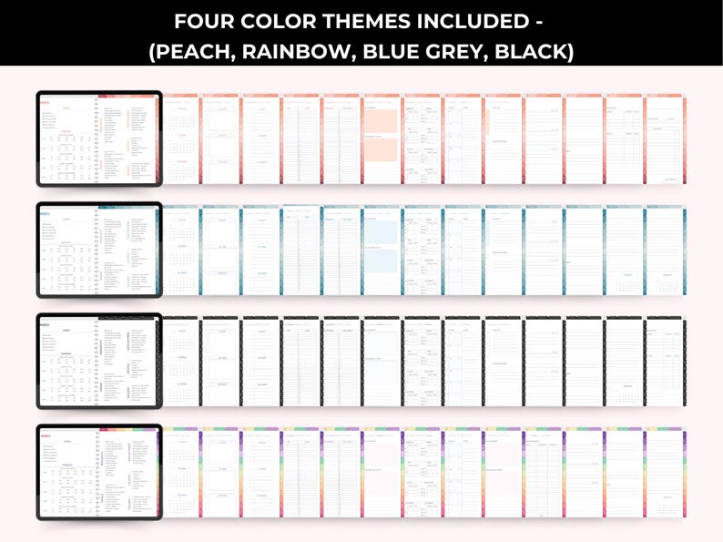 Op de afbeelding: Digitale planner met vier kleurenthema's: perzik, regenboog, blauwgrijs en zwart. Elk thema bevat meerdere pagina's met kalender- en planninglayouts. De planner wordt weergegeven op een tablet.