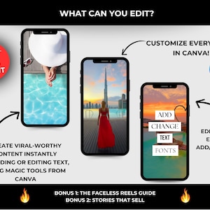 May include: An advertisement promoting Canva's editing tools. Three smartphones display images with text overlays. The ad highlights features like adding text, editing videos, and customizing content. Text includes "Resell for 100% Profit" and "Create Viral-Worthy Content".