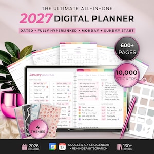 Può includere: Un'agenda digitale 2027 con oltre 600 pagine, 10.000 adesivi e 4 temi. Lo schermo mostra un piano mensile di gennaio con lista di cose da fare, priorità e note. Include una penna rosa, una pianta in vaso e opzioni di copertina.