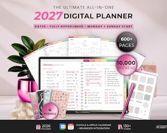 Allt-i-ett digital planerare 2027, daterad och hyperlänkad planerare för iPad Android, GoodNotes och Notability Daily Digital Journal Planner