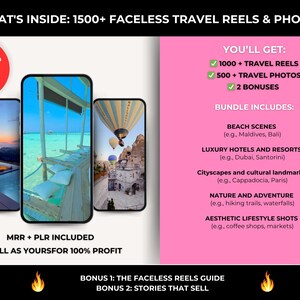 May include: Digital product bundle with over 1500 faceless travel reels and photos. Includes beach scenes, luxury hotels, cityscapes, nature, and lifestyle shots. Instant download with resell rights.