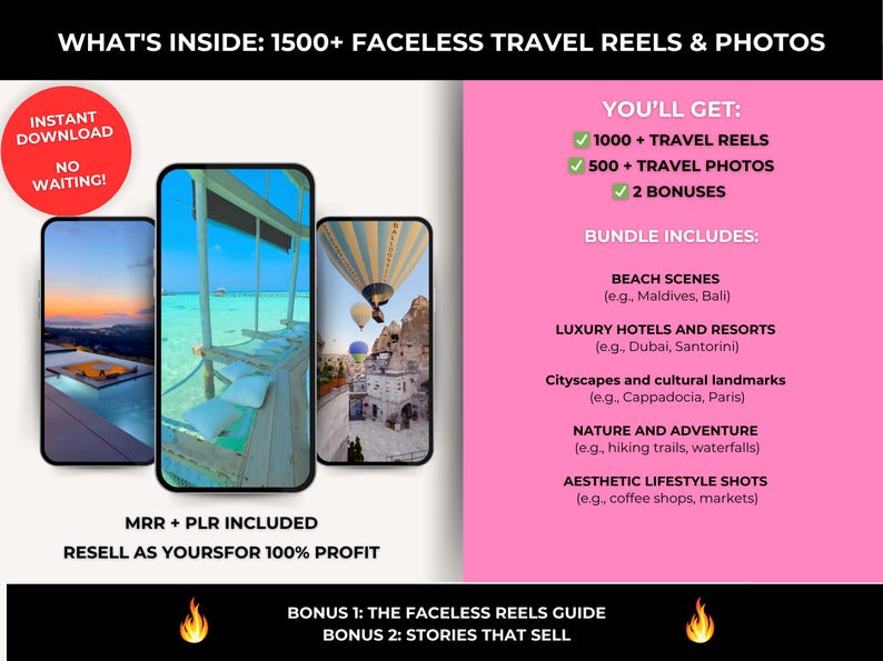 May include: Digital product bundle with over 1500 faceless travel reels and photos. Includes beach scenes, luxury hotels, cityscapes, nature, and lifestyle shots. Instant download with resell rights.