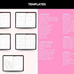 Op de afbeelding: Digitale planner sjablonen weergegeven op tablets. De afbeelding toont verschillende lay-outs voor productiviteit, financi&euml;n, gezondheid en lifestyle tracking. De sjablonen bevatten trackers voor doelen, gewoonten en financi&euml;n. Het woord "TEMPLATES" staat bovenaan.